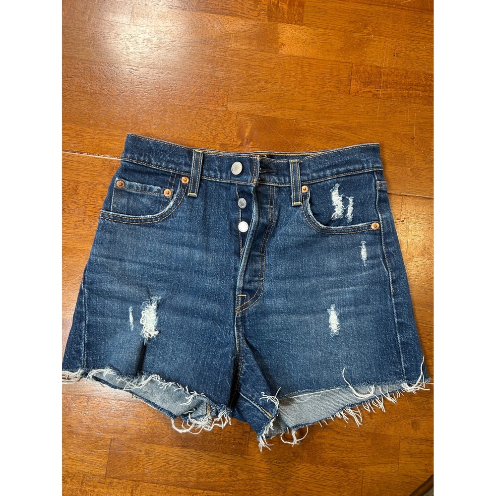 Levi's 501 Ribcage Shorts Womens 26 Blue Distressed Raw Hem High Rise Denim